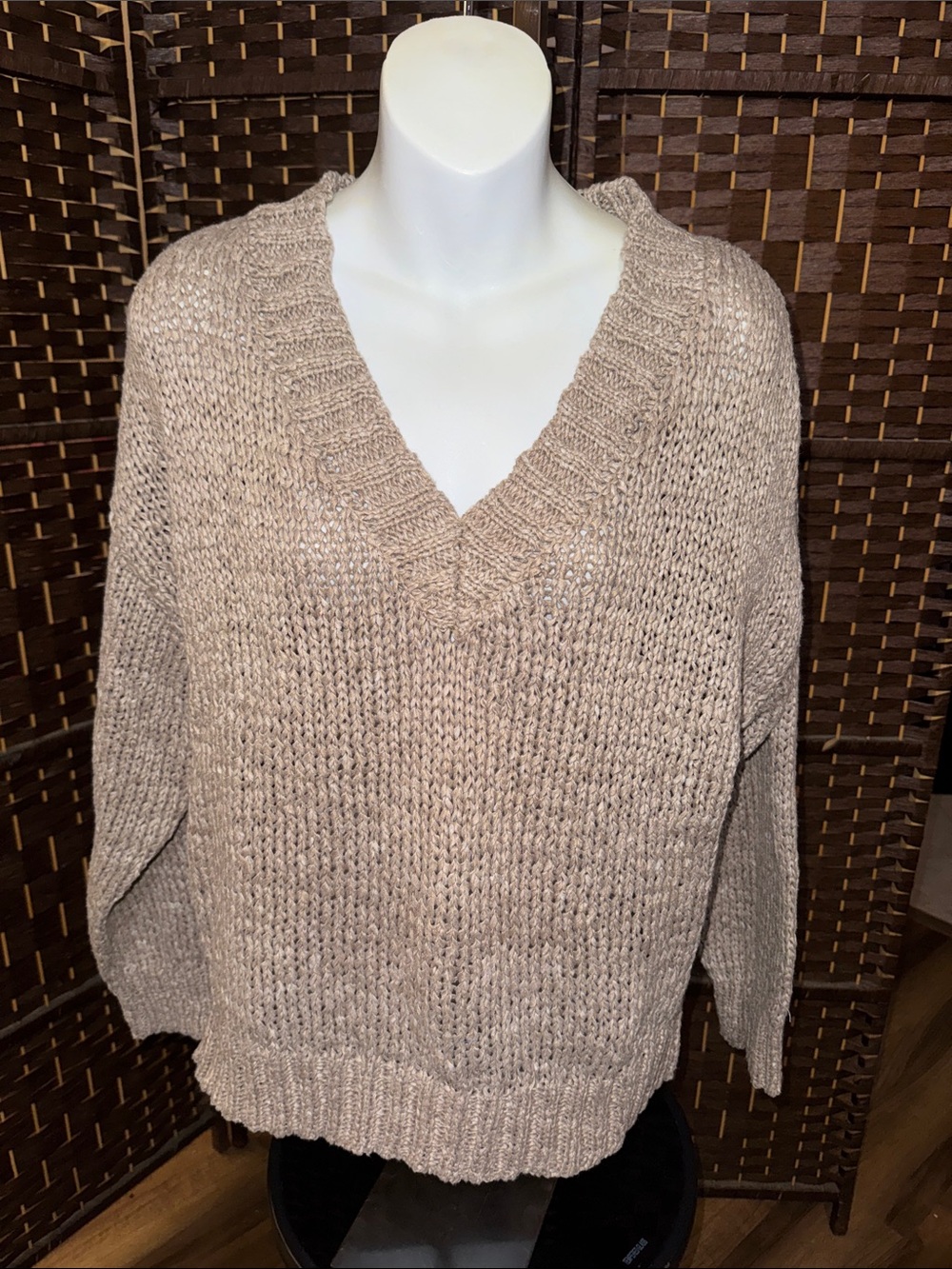 Relaxed V-Neck Knit Sweater in Taupe large